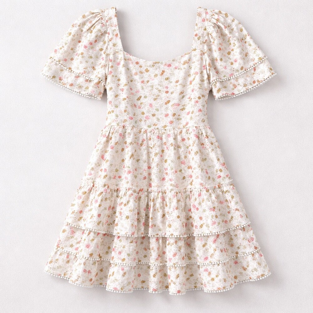Just Me Floral Tiered Mini Dress Womens Size S Ivory Pink Puff Sleeve NWT - Picture 3 of 8